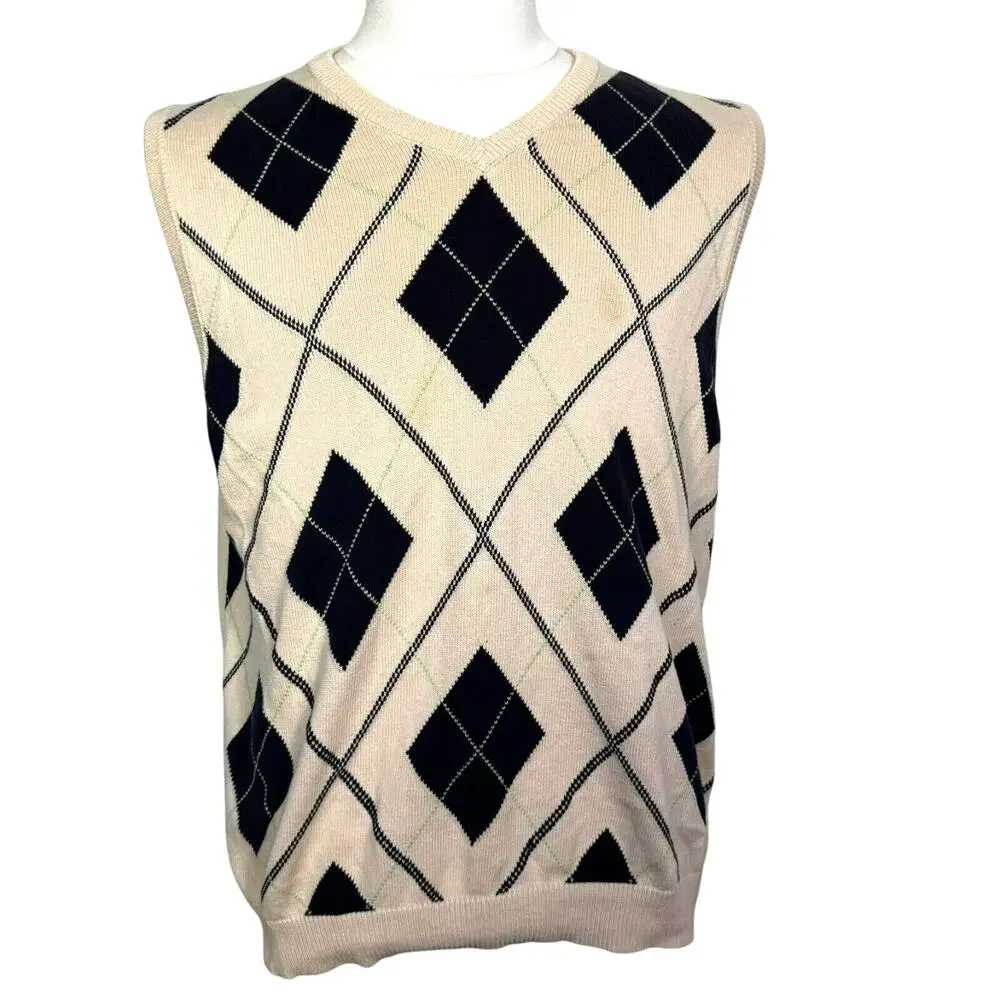 JOHN ASHFORD Men's Small Tan Navy Blue‎ Argyle Sweater Vest Pullover Preppy Golf
